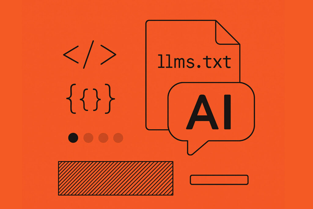 An orange graphic with code icons and an AI reference.