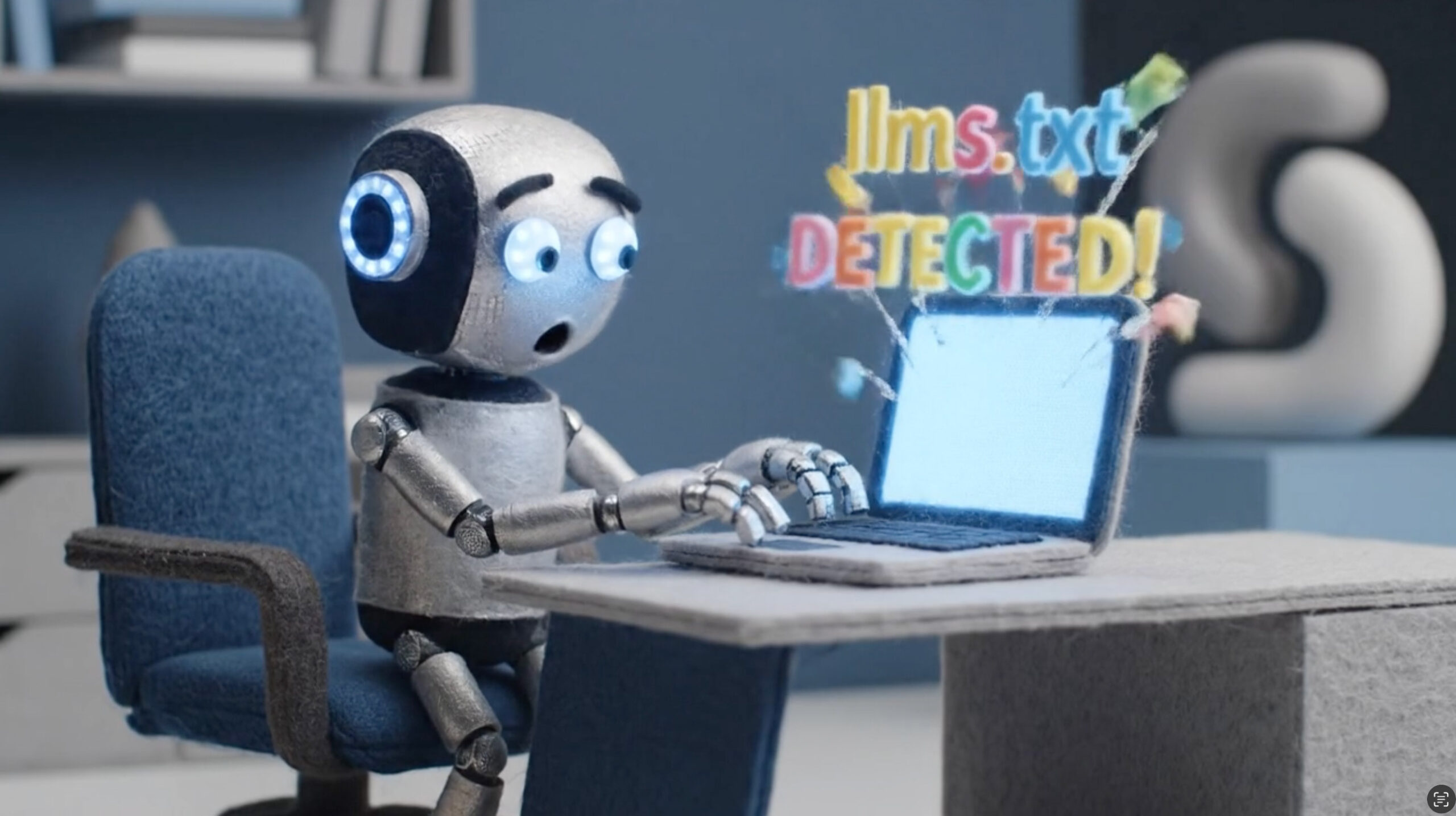A robot sitting at a desk behind a laptop typing with text showing that llms.text is detected.