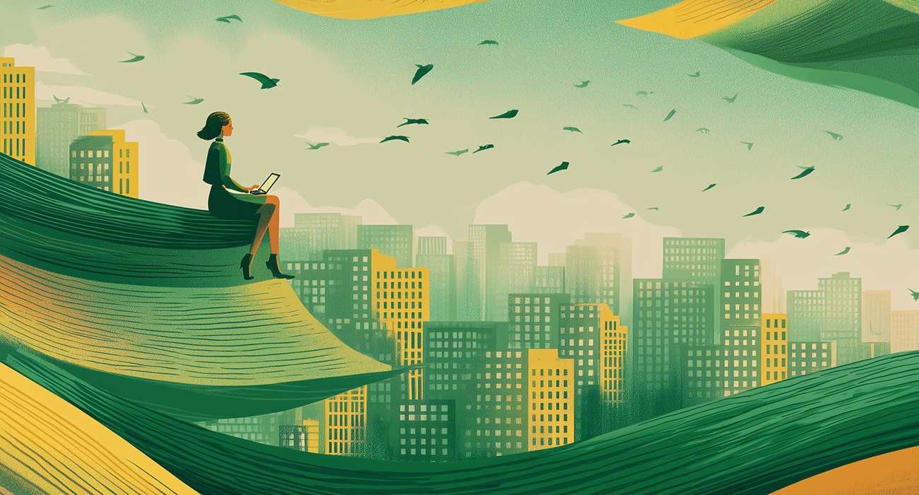 Graphic of a woman sitting on a cliff looking the city and birds flying.