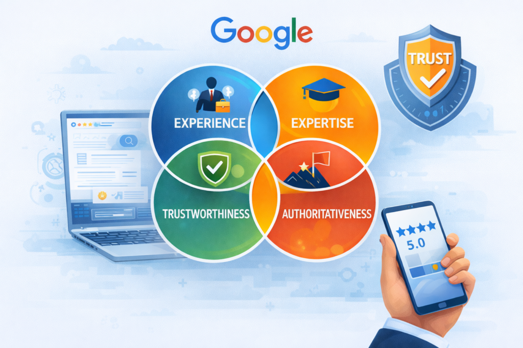 SEO trends visualization showing brand authority and E-E-A-T concepts